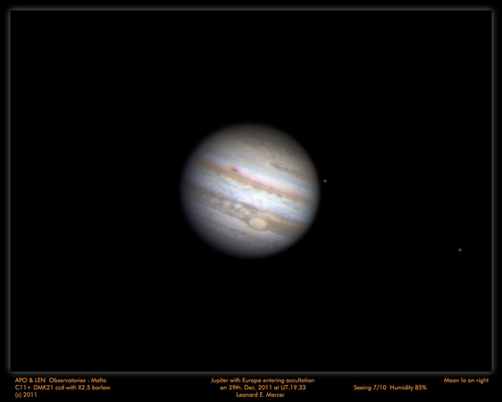 Rotating Jupiter as Europa enters occultation on 29th. Dec. 2011